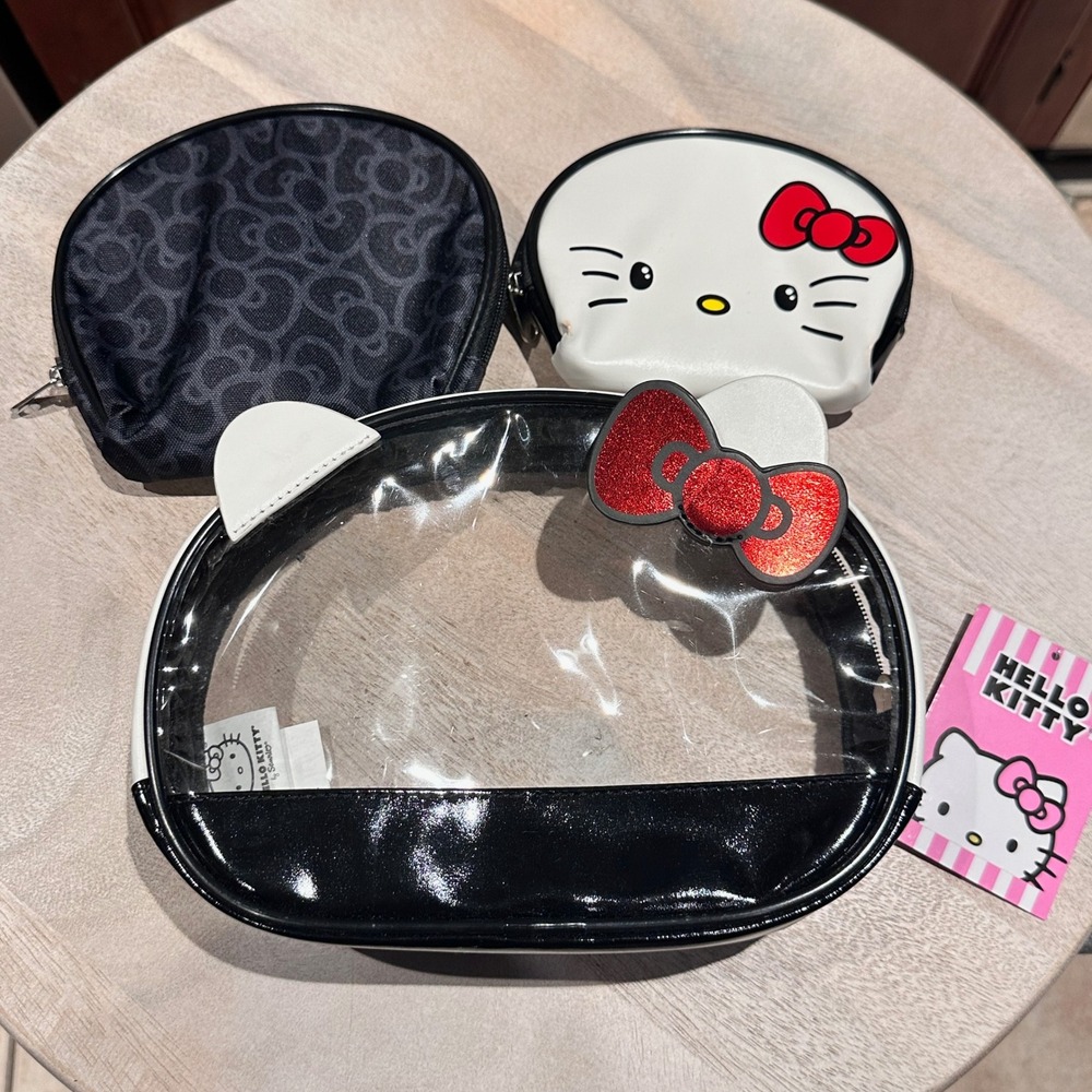 Sanrio Hello Kitty 3 Piece Travel Cosmetic Bag Set Clear Black White C6C301TJ - Picture 5 of 12